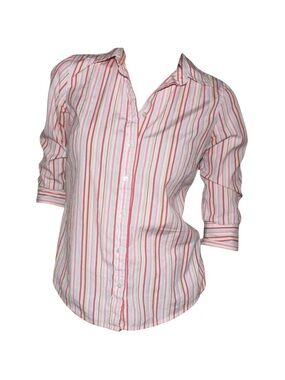 Pink and white striped 3/4 sleeve button down shirt
